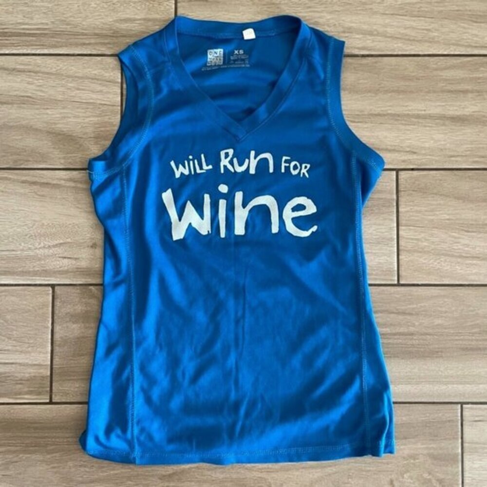 One More Mile "Will Run For Wine" Blue‎ Sleeveless Running Tank XS